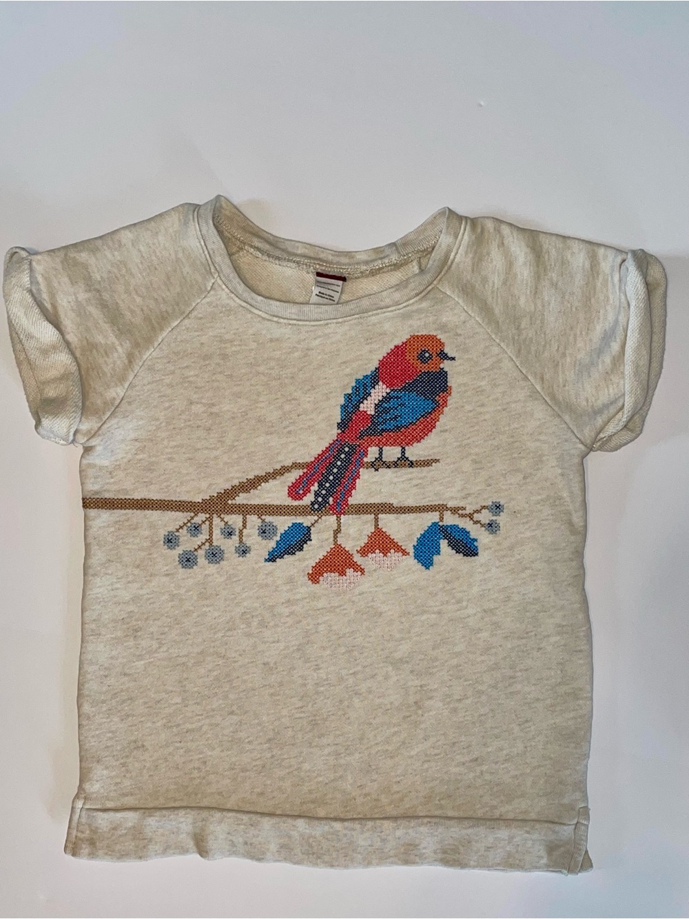 Tea Collection Embroidered Look Bird Gray Short Sleeve Pullover Sweatshirt 6-7 M